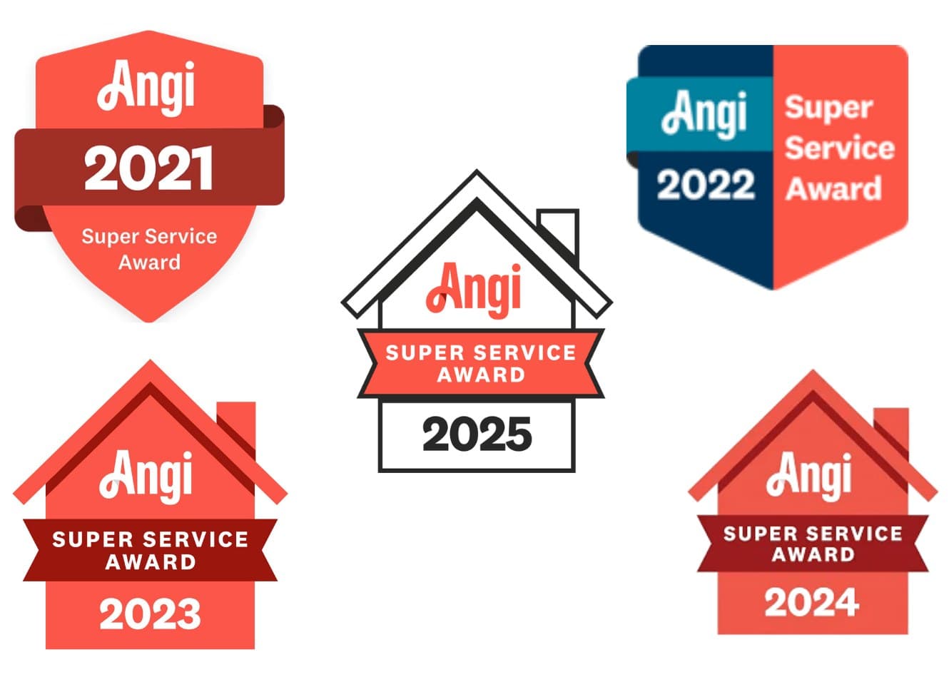 Potts Brothers Construction's five consecutive Angi Super Service Awards, 2021 through 2025