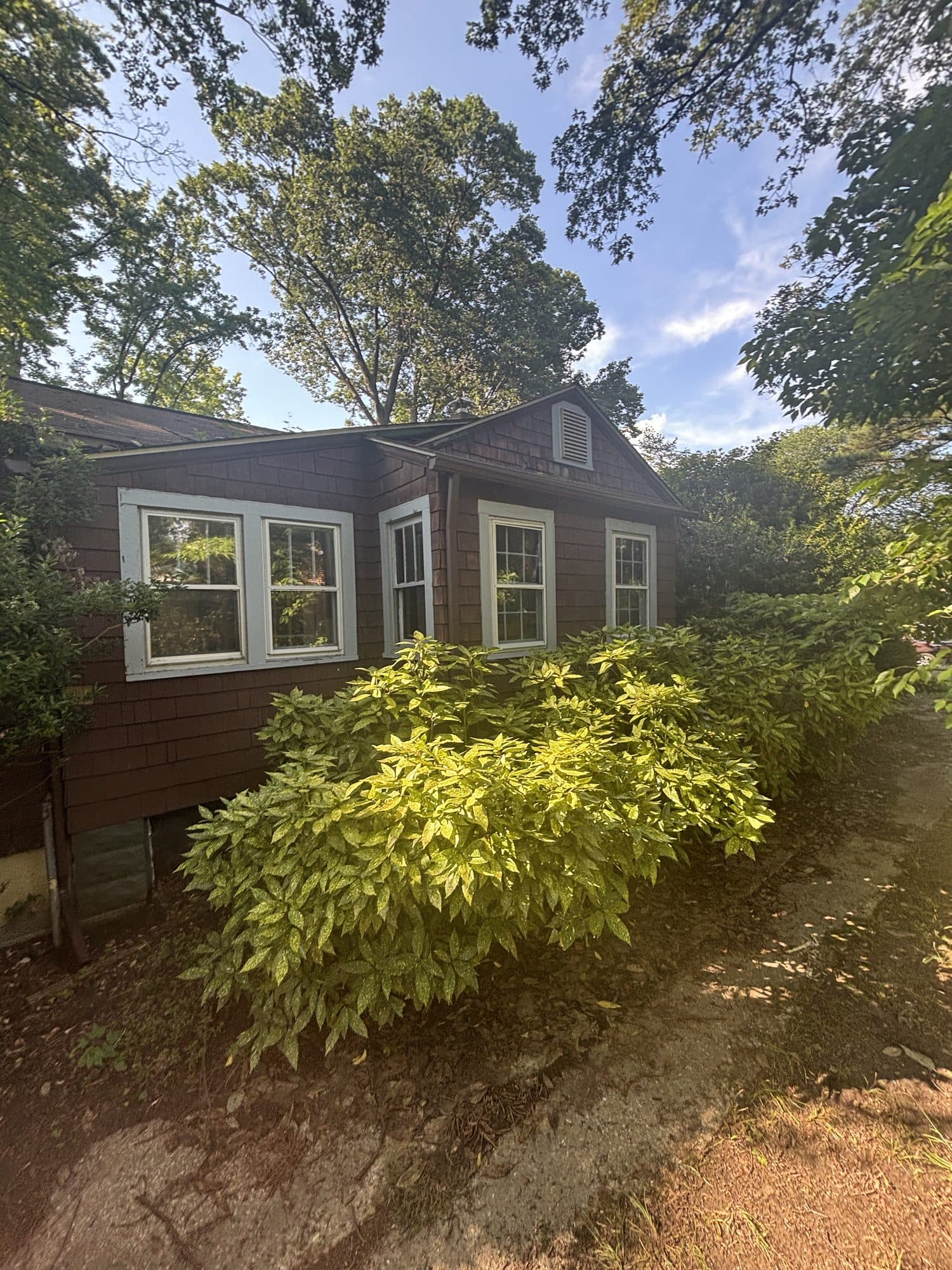 A brown cedar-shingled cottage with white-trimmed bay windows surrounded by green shrubs and mature trees under a blue sky. Home addition project by Potts Brothers Construction, Arlington & Northern Virginia