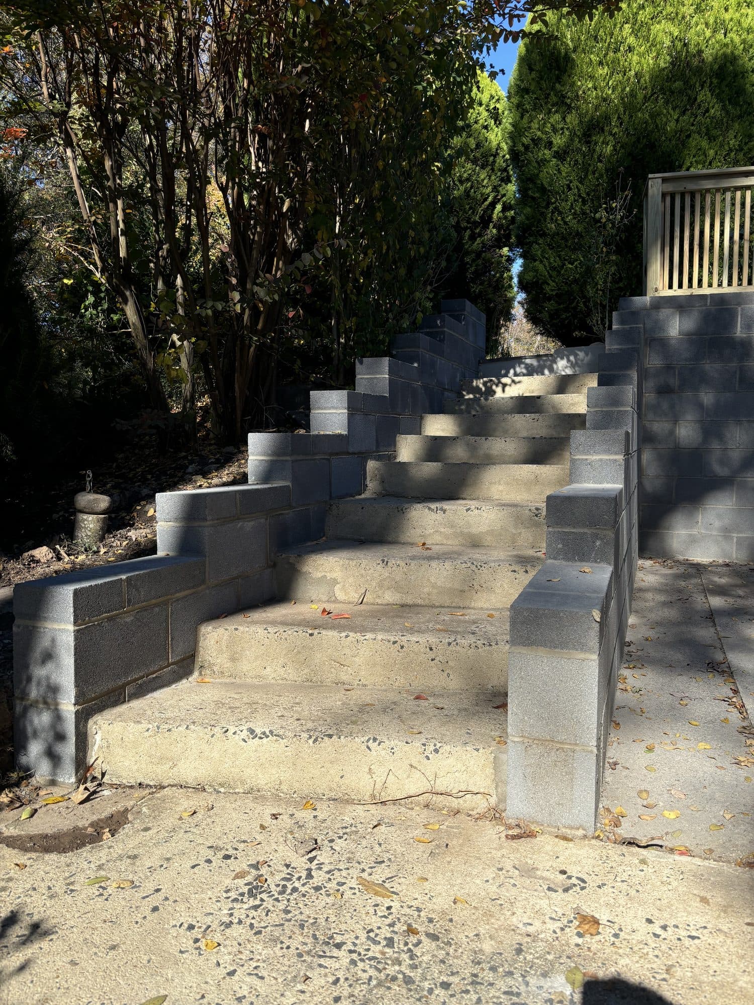 Block-bordered concrete steps climbing landscaped hillside. Concrete project by Potts Brothers Construction, Arlington & Northern Virginia